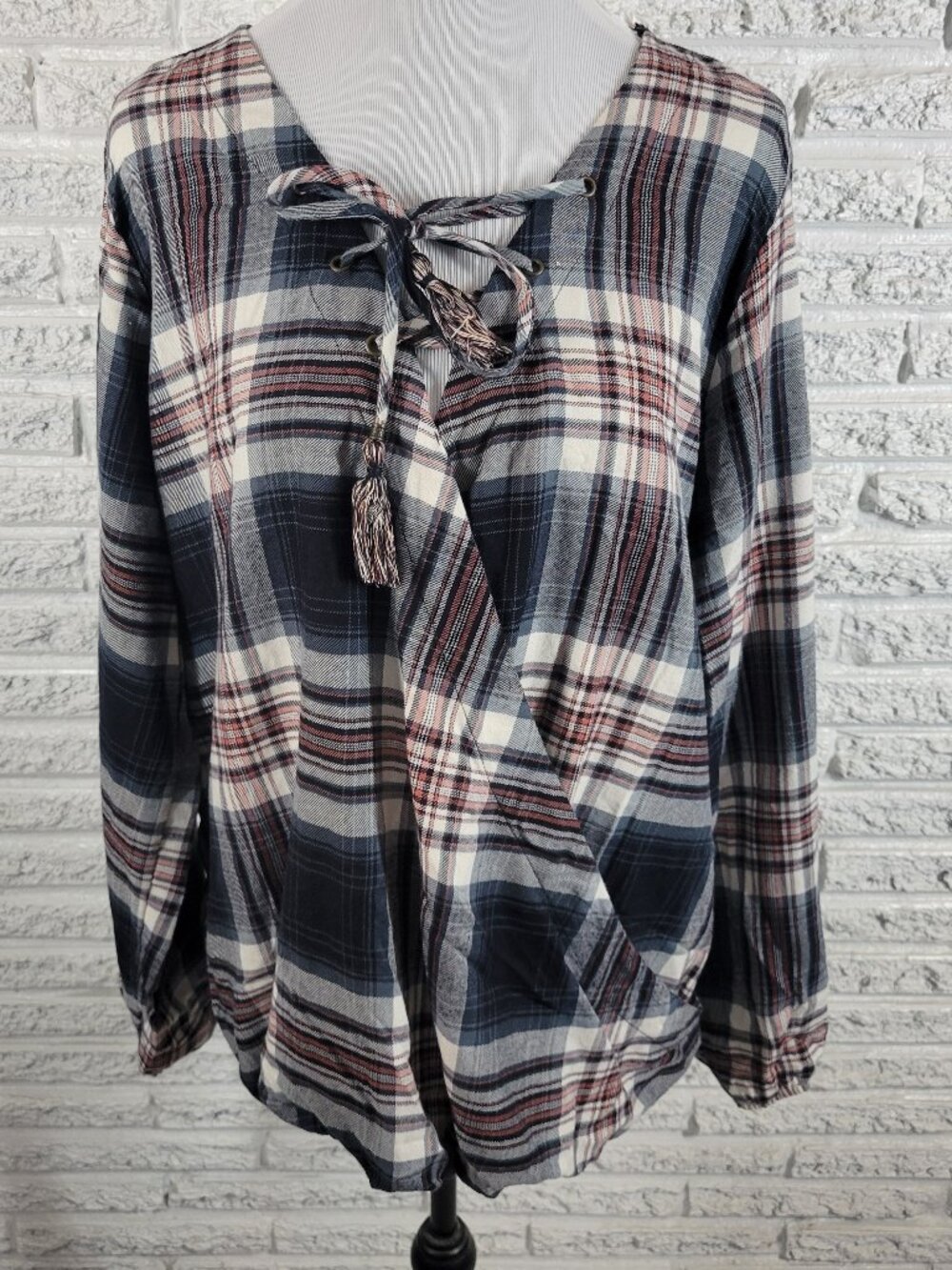 Knox Rose XXL Black Red Plaid Blouse Square Neck Long Sleeve Top PLA25E